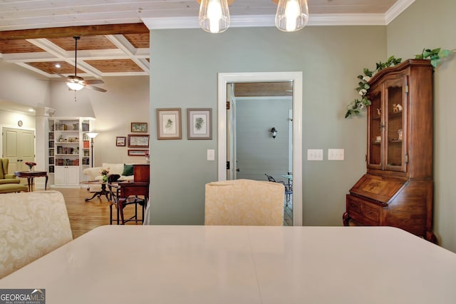 53 Gordon Manor Ct, Senoia, GA 30276 - dining area with ceiling fan, wood finished floors, crown molding, coffered ceiling, and beamed ceiling