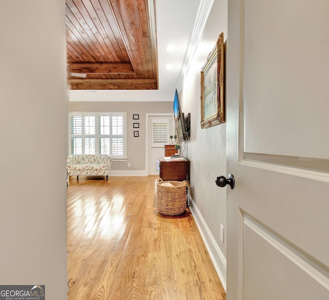 53 Gordon Manor Ct, Senoia, GA 30276 - hall with a raised ceiling, wood ceiling, light wood-style flooring, and ornamental molding