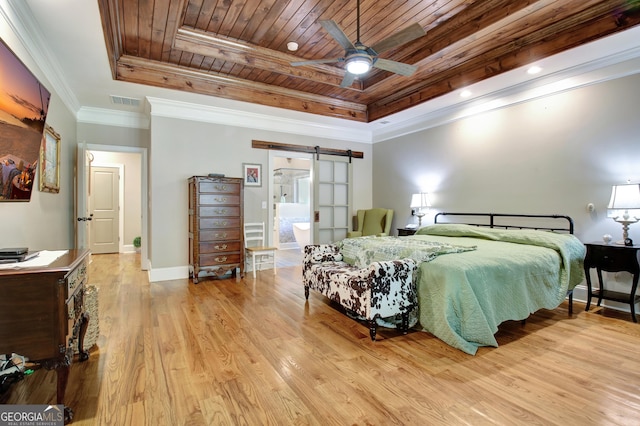 53 Gordon Manor Ct, Senoia, GA 30276 - bedroom featuring a tray ceiling, a barn door, wood ceiling, wood finished floors, and crown molding