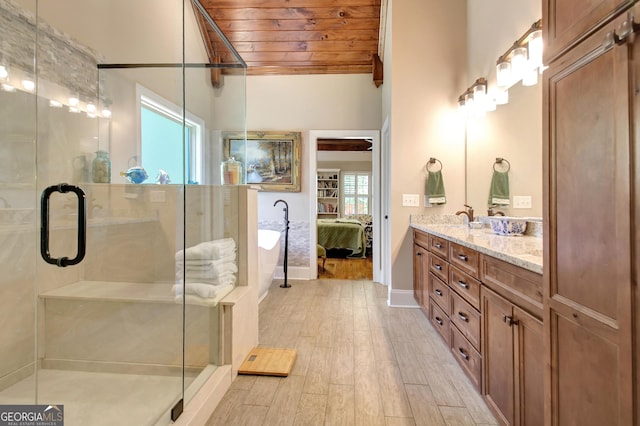 53 Gordon Manor Ct, Senoia, GA 30276 - full bathroom featuring double vanity, wood ceiling, wood finished floors, connected bathroom, and a stall shower