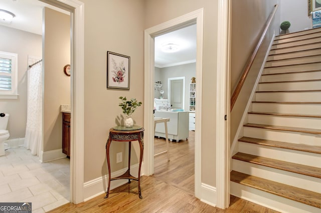 53 Gordon Manor Ct, Senoia, GA 30276 - stairway featuring baseboards and ornamental molding