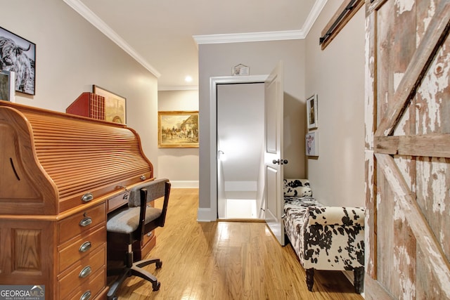 53 Gordon Manor Ct, Senoia, GA 30276 - home office with light wood-style flooring, crown molding, and a barn door
