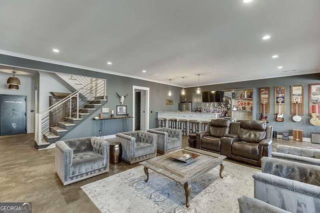 6014 Warpath Rd, Flowery Branch, GA 30542 - living room featuring stairs, recessed lighting, crown molding, and bar area