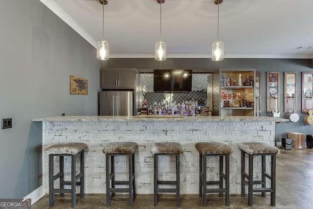 6014 Warpath Rd, Flowery Branch, GA 30542 - indoor dry bar with high quality fridge, backsplash, ornamental molding, pendant lighting, and concrete flooring