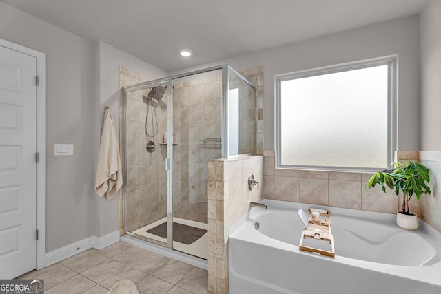 full bath with a bath, tile patterned flooring, recessed lighting, and a stall shower