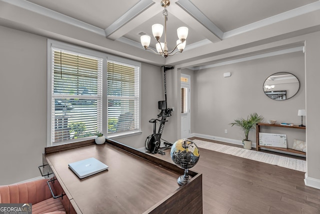 home office featuring wood finished floors, beam ceiling, baseboards, and a notable chandelier