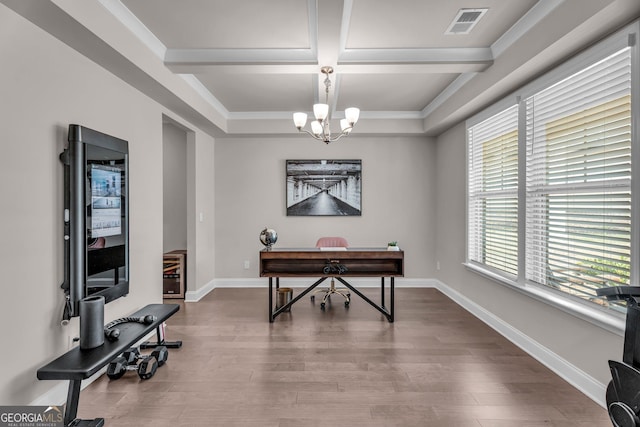 home office featuring wood finished floors, visible vents, a notable chandelier, and coffered ceiling