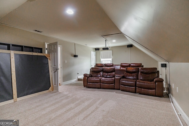 home theater featuring baseboards, visible vents, carpet, and recessed lighting
