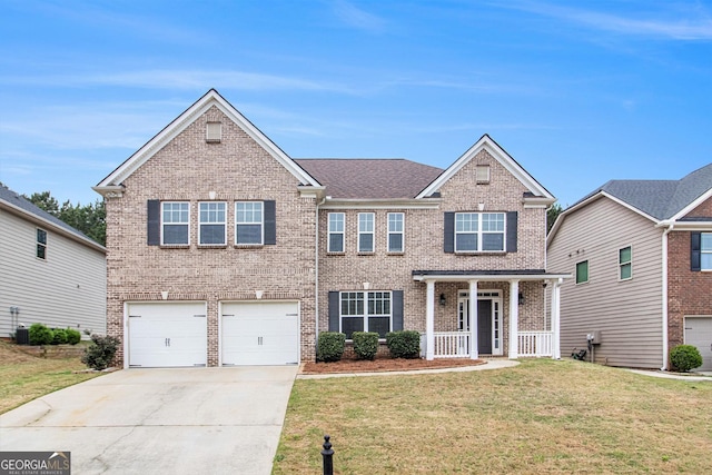 2036 Broadmoor Way, Fairburn, GA 30213 - traditional home with a front yard, concrete driveway, an attached garage, brick siding, and a porch