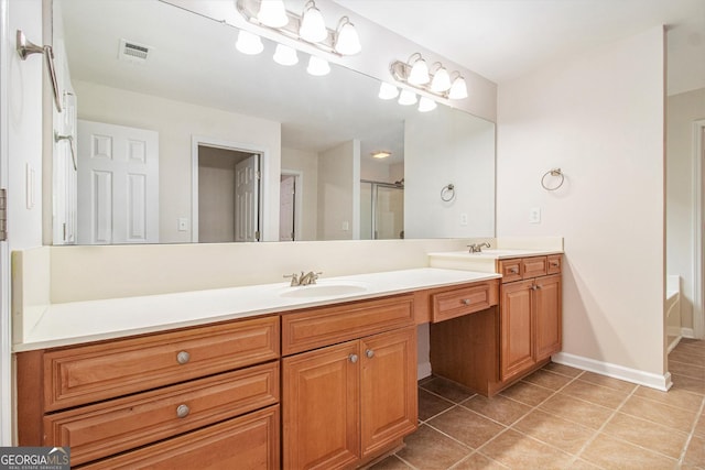 2036 Broadmoor Way, Fairburn, GA 30213 - bathroom featuring tile patterned floors, a sink, a shower with door, visible vents, and double vanity