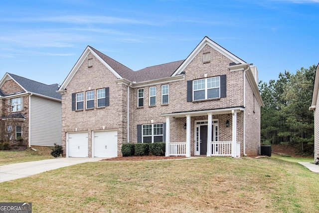 2036 Broadmoor Way, Fairburn, GA 30213 - traditional-style house with brick siding, driveway, central air condition unit, and an attached garage