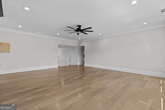 unfurnished living room with baseboards, ceiling fan, light wood-style flooring, and recessed lighting