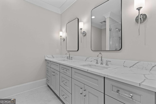 full bathroom with baseboards, marble finish floor, a sink, and a shower