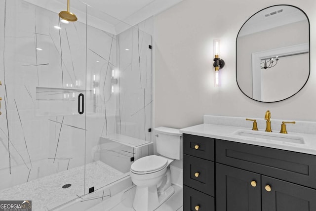 full bathroom with toilet, vanity, a marble finish shower, marble finish floor, and visible vents