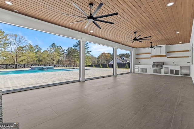 interior space with a fenced in pool, a grill, area for grilling, fence, and ceiling fan