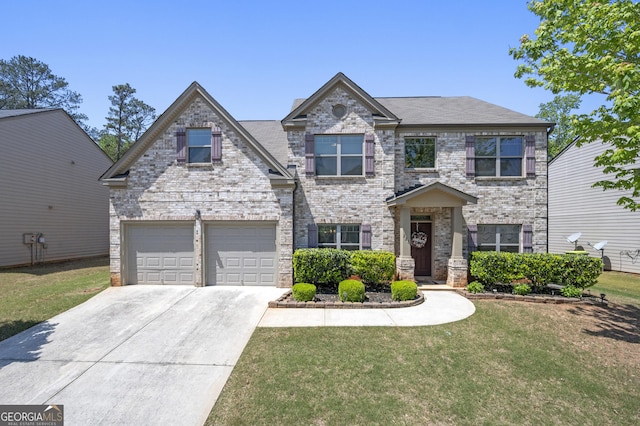 view of front of home with concrete driveway, a front lawn, and an attached garage