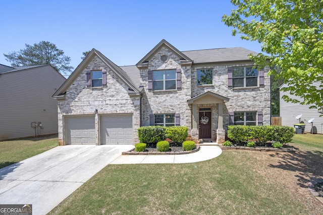 view of front of house with brick siding, an attached garage, driveway, and a front lawn