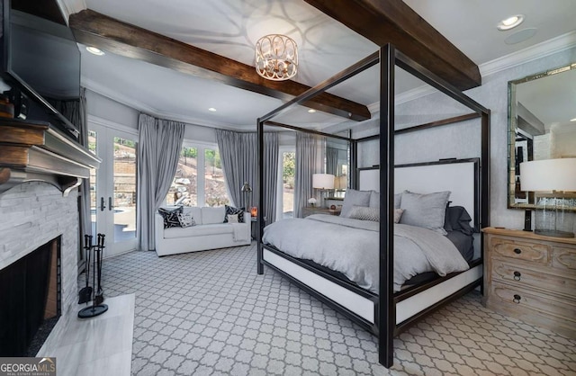 carpeted bedroom with crown molding, a fireplace, beamed ceiling, a notable chandelier, and access to outside