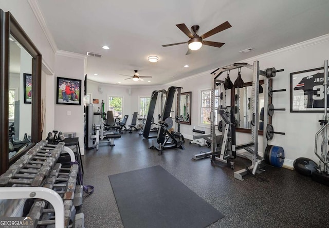 workout area with crown molding, ceiling fan, recessed lighting, and visible vents