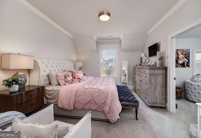bedroom with crown molding, baseboards, visible vents, and light colored carpet