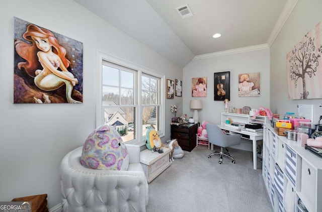office space featuring visible vents, recessed lighting, carpet, and crown molding