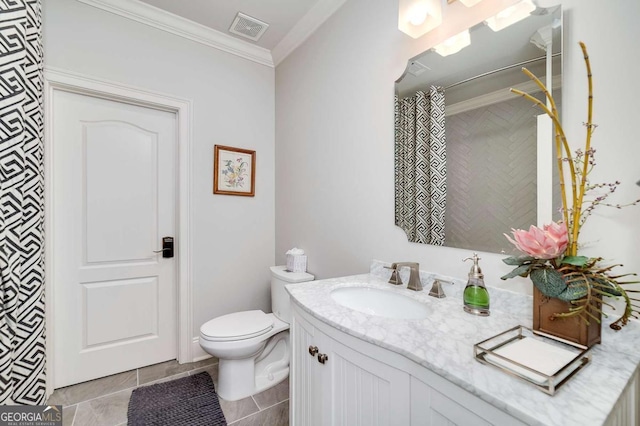 bathroom with visible vents, ornamental molding, vanity, toilet, and a shower with shower curtain