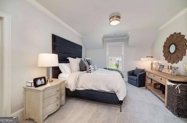 bedroom with crown molding, visible vents, and light carpet