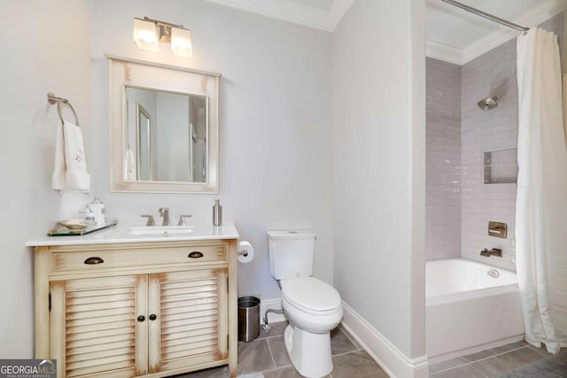 bathroom with crown molding, shower / tub combo, tile patterned floors, and toilet