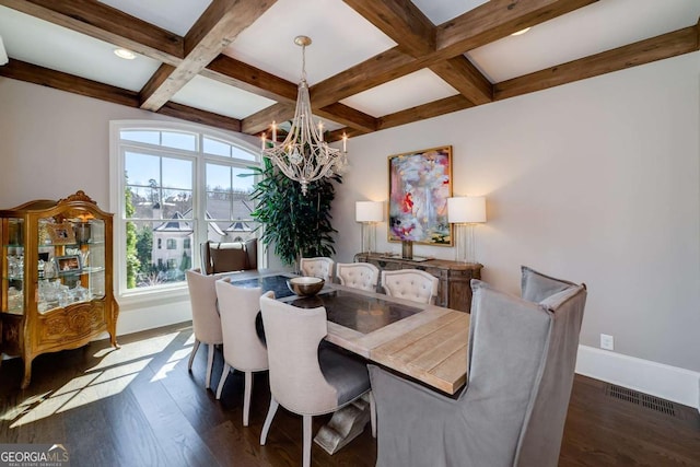 dining space with visible vents, dark wood finished floors, beam ceiling, a notable chandelier, and coffered ceiling