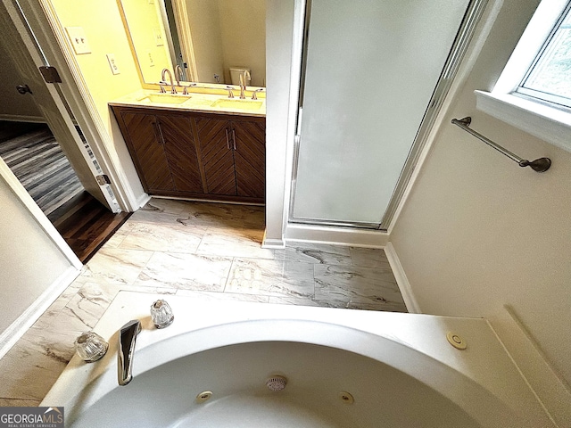 1864 Drew Cir, Austell, GA 30168 - bathroom with double vanity, a whirlpool tub, and a stall shower