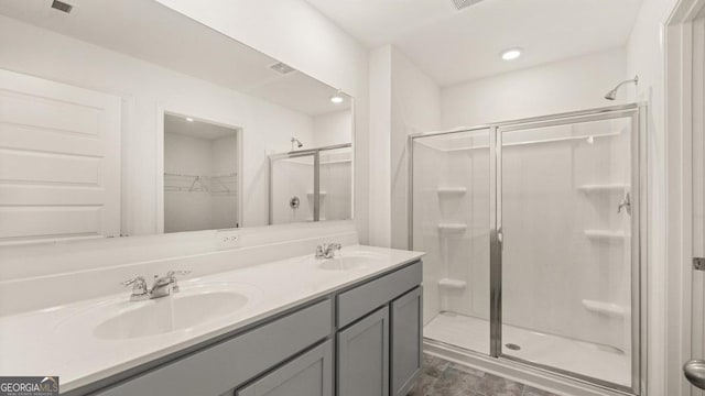 full bath featuring a walk in closet, double vanity, a sink, and a stall shower