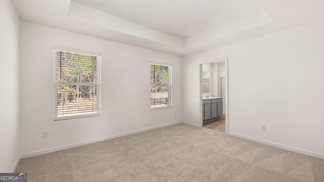 spare room with a tray ceiling, light carpet, and baseboards