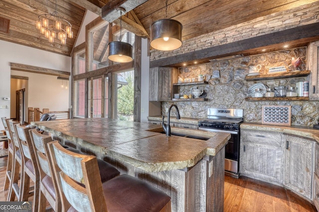 1329 Grandeur Dr, Blue Ridge, GA 30513 - kitchen featuring high vaulted ceiling, a sink, open shelves, wood finished floors, and gas stove