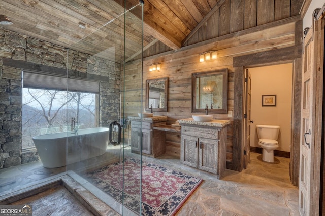 1329 Grandeur Dr, Blue Ridge, GA 30513 - bathroom featuring a soaking tub, wooden walls, a shower stall, lofted ceiling, and wooden ceiling