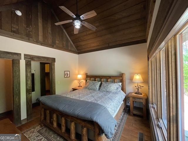 1329 Grandeur Dr, Blue Ridge, GA 30513 - bedroom featuring wood ceiling, wood finished floors, lofted ceiling, visible vents, and ceiling fan
