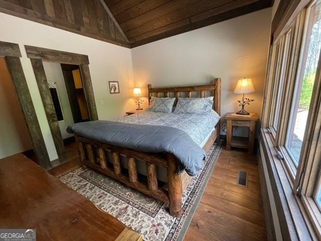 1329 Grandeur Dr, Blue Ridge, GA 30513 - bedroom with visible vents, wood finished floors, vaulted ceiling, and wooden ceiling