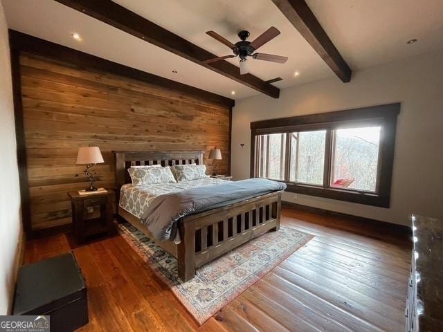 1329 Grandeur Dr, Blue Ridge, GA 30513 - bedroom with hardwood / wood-style floors, wood walls, beamed ceiling, and ceiling fan