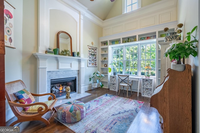 sitting room featuring high vaulted ceiling, a ceiling fan, wood finished floors, and a fireplace