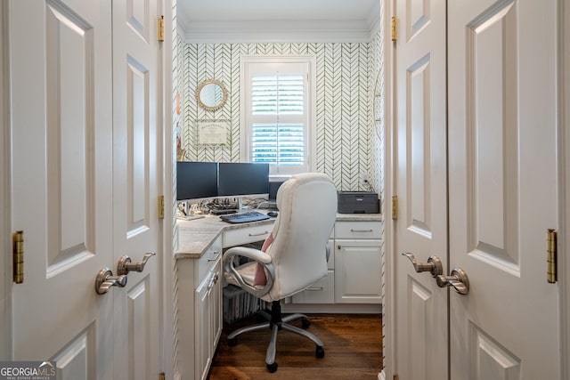 office space with wallpapered walls, dark wood-style floors, and ornamental molding