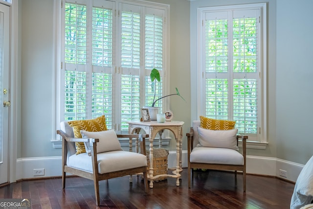 sitting room with baseboards and dark wood-style flooring