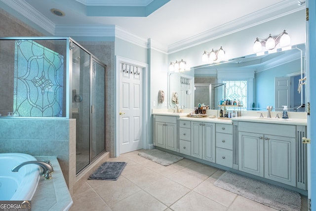 full bathroom with a shower stall, a garden tub, a sink, double vanity, and tile patterned flooring