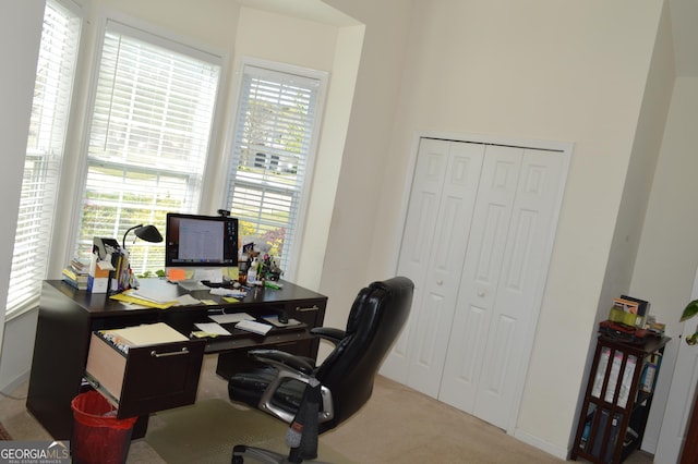 carpeted office space with baseboards and a healthy amount of sunlight