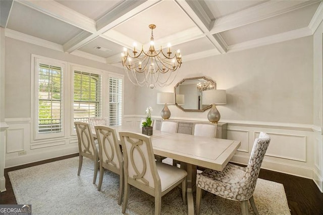 1190 Mosspointe Dr, Roswell, GA 30075 - dining room with coffered ceiling, a chandelier, dark wood finished floors, beam ceiling, and wainscoting