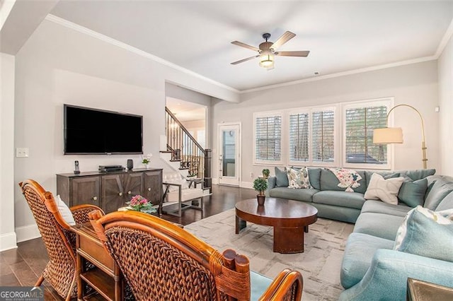 1190 Mosspointe Dr, Roswell, GA 30075 - living area with stairway, dark wood-type flooring, a ceiling fan, crown molding, and baseboards
