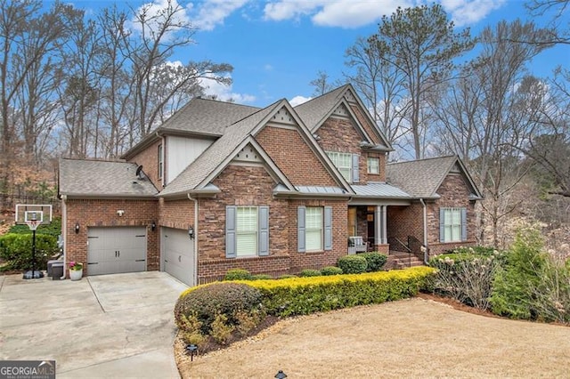 1190 Mosspointe Dr, Roswell, GA 30075 - craftsman house with driveway, a garage, roof with shingles, and brick siding