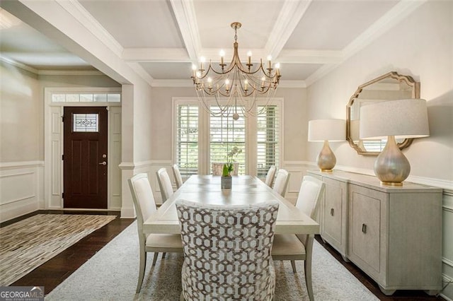 1190 Mosspointe Dr, Roswell, GA 30075 - dining room featuring a decorative wall, a chandelier, coffered ceiling, dark wood-type flooring, and beam ceiling