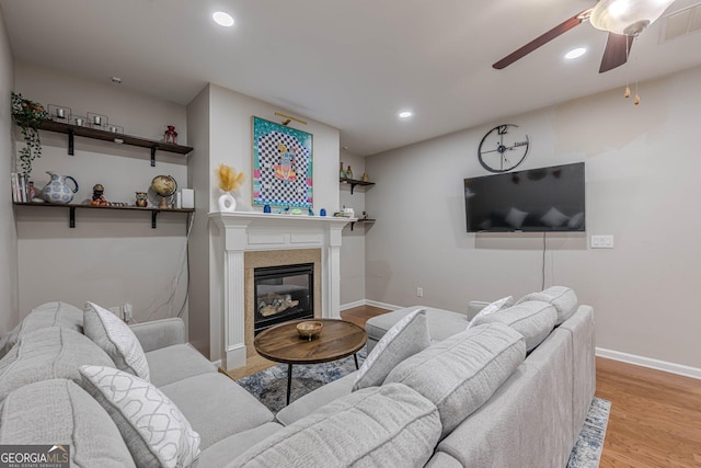 2705 Maple Park Pl Unit 29, Cumming, GA 30041 - living room featuring a ceiling fan, recessed lighting, baseboards, and wood finished floors