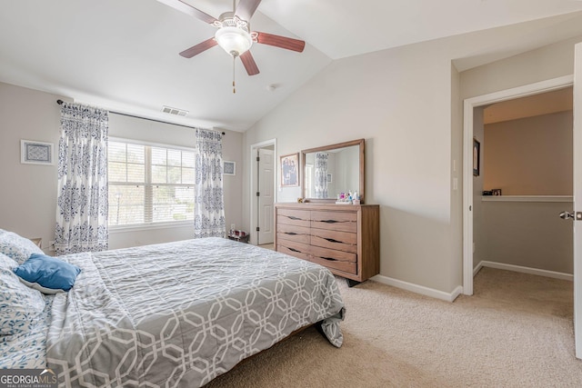 2705 Maple Park Pl Unit 29, Cumming, GA 30041 - bedroom featuring visible vents, baseboards, a ceiling fan, light carpet, and lofted ceiling