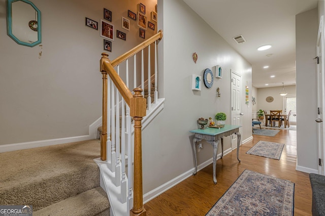 2705 Maple Park Pl Unit 29, Cumming, GA 30041 - stairs with baseboards, visible vents, wood finished floors, and recessed lighting