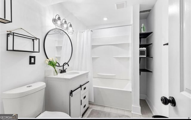 full bath with visible vents, toilet, vanity, and shower / bath combination with curtain
